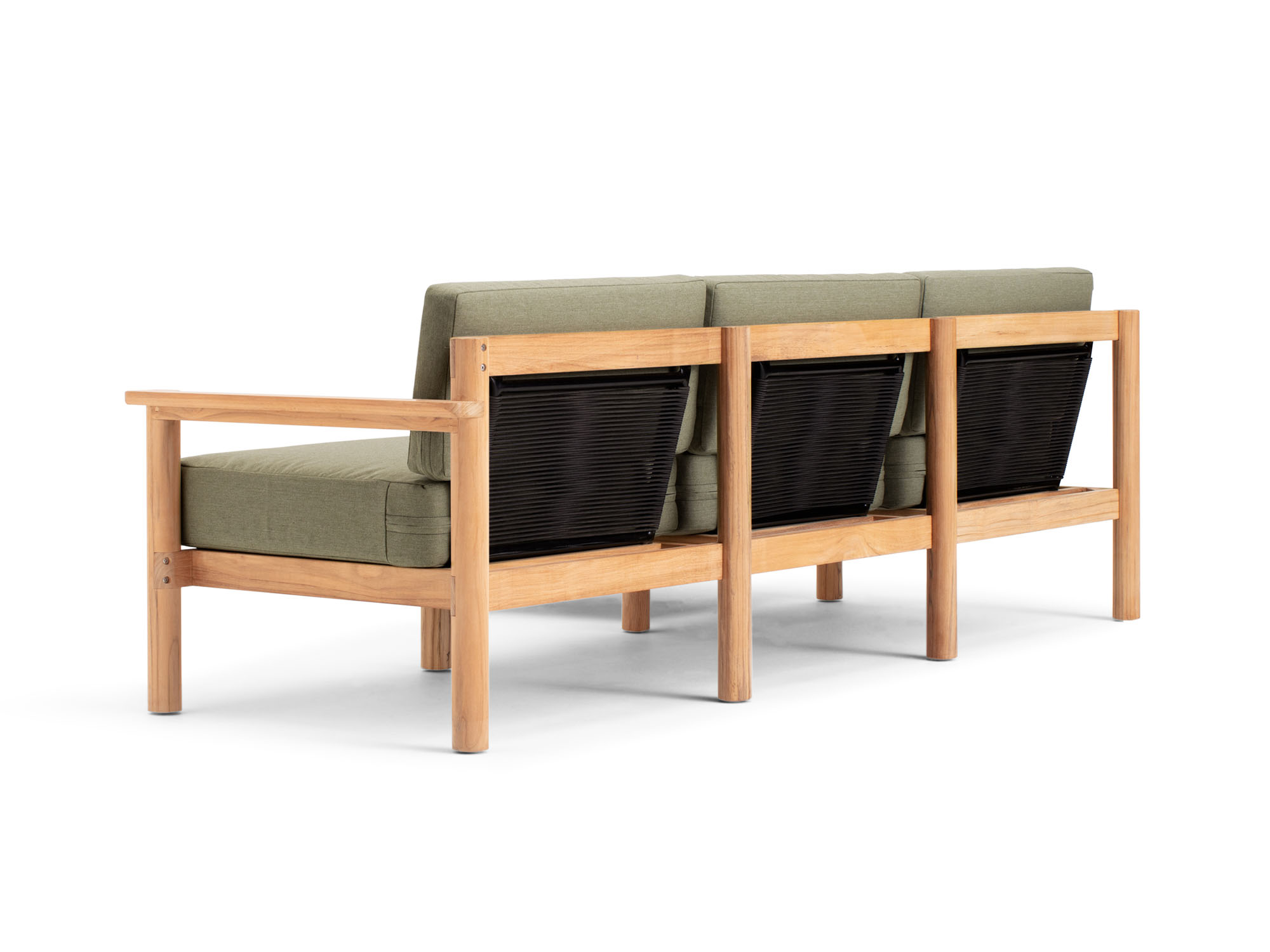 Back angle view of 4-piece outdoor sectional with green cushions